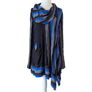 Ali Miles Blue Gray Striped Asymmetrical Cowl Neck Pocket Tunic Size Large